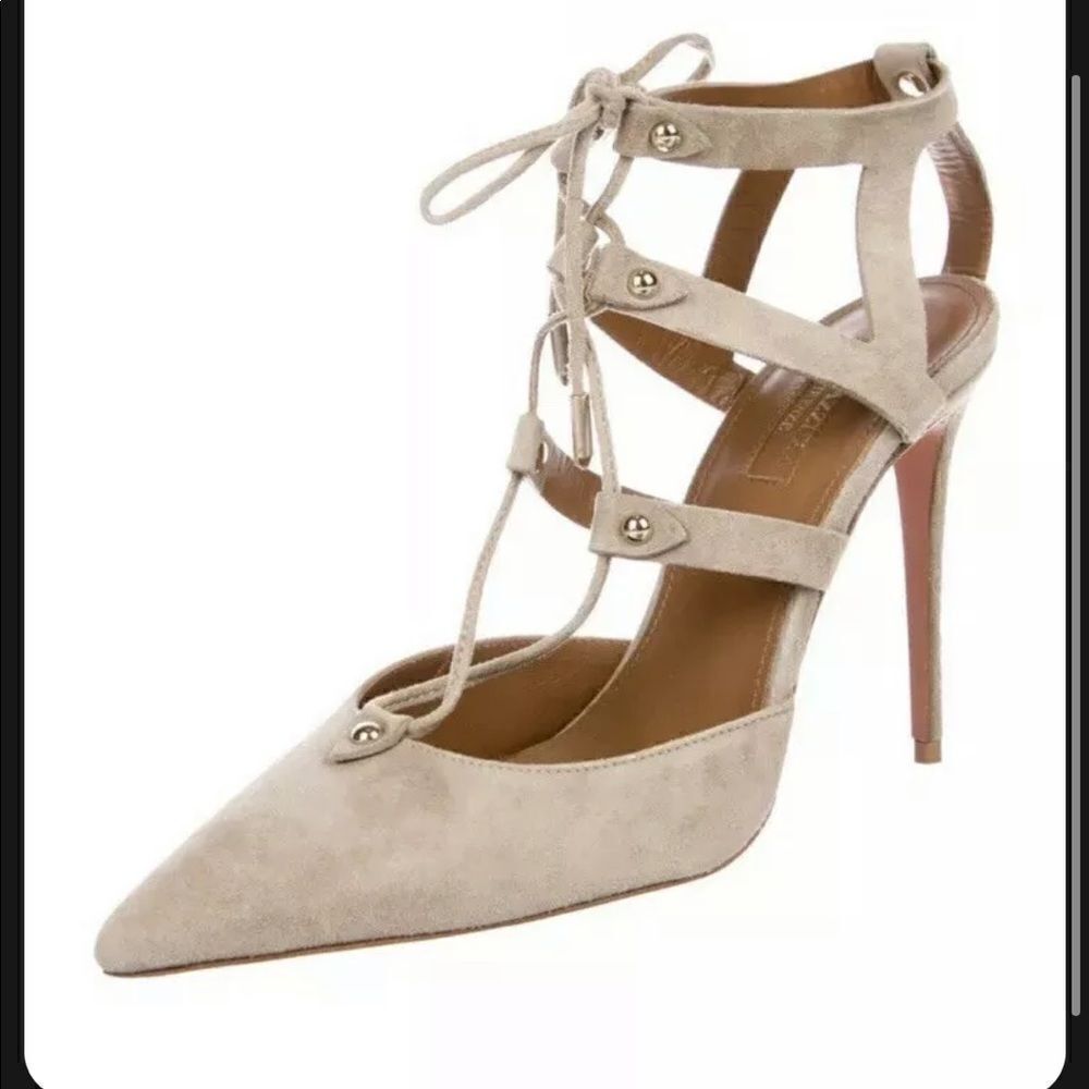 NEW Aquazzura Ash Bel Air Caged 105 Suede Lace-up Pump Sandal Lace Up Studs Saks